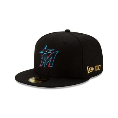 Black Miami Marlins Hat - New Era MLB Team Color 59FIFTY Fitted Caps USA9265407